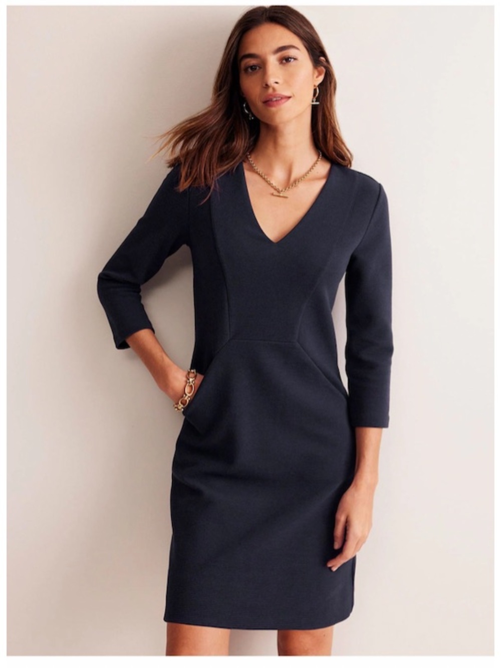 Boden Brontë Ottoman Ribbed Jersey 3/4 Sleeve V Neck Black Dress 6 Minimalist